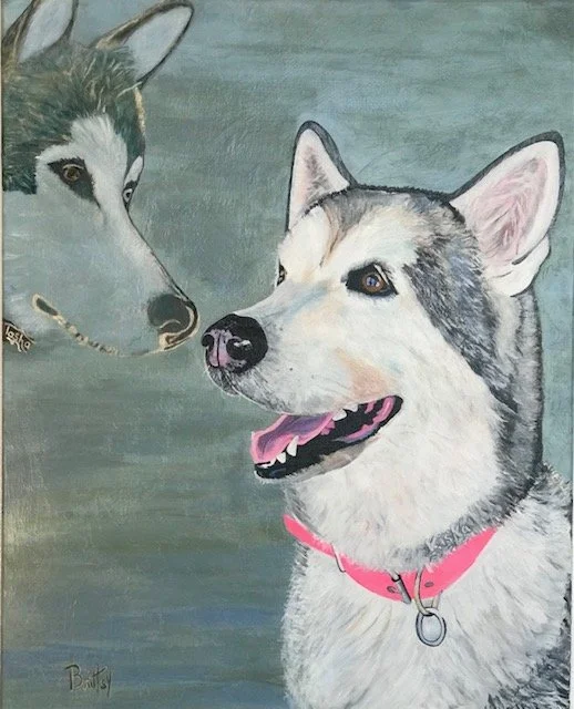 Painting of two huskies facing each other, one with its tongue out, wearing a pink collar, with soft gray background.