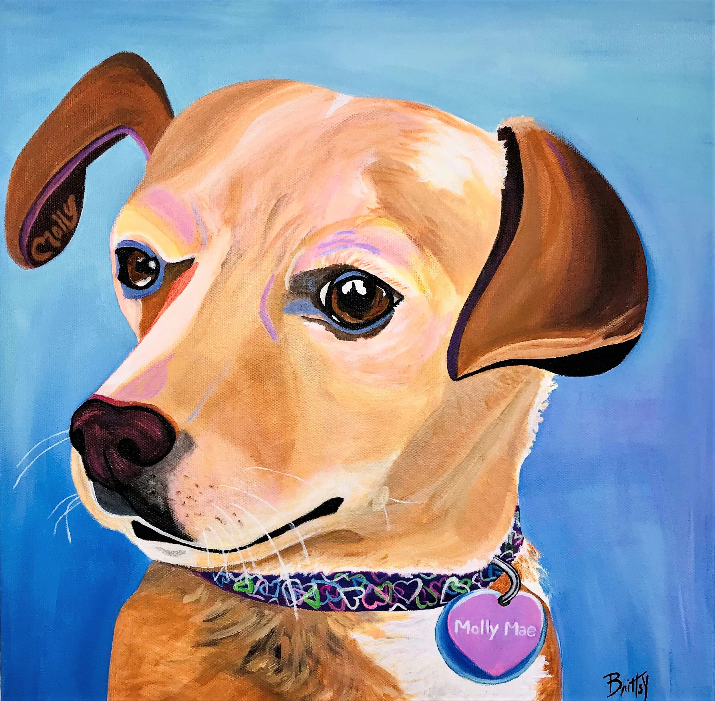Painting of a dog with a blue background, brown fur, and expressive eyes, wearing a colorful collar with a pink heart-shaped tag labeled 'Molly Mae.'