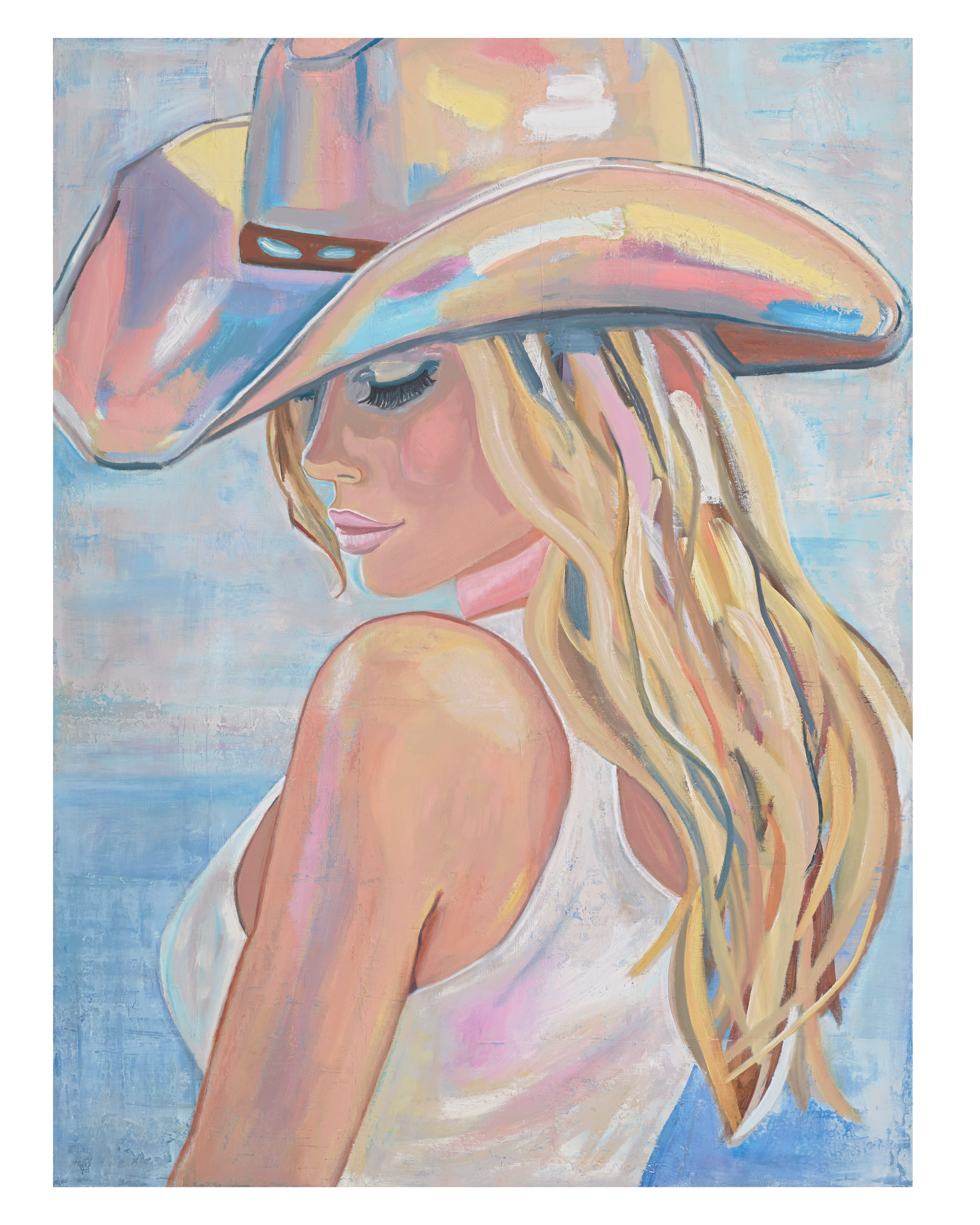 A painting of a woman with long blonde hair wearing a large pastel-colored cowboy hat. She has closed eyes, long eyelashes, pink lipstick, and is dressed in a white sleeveless top, with a soft blue background.