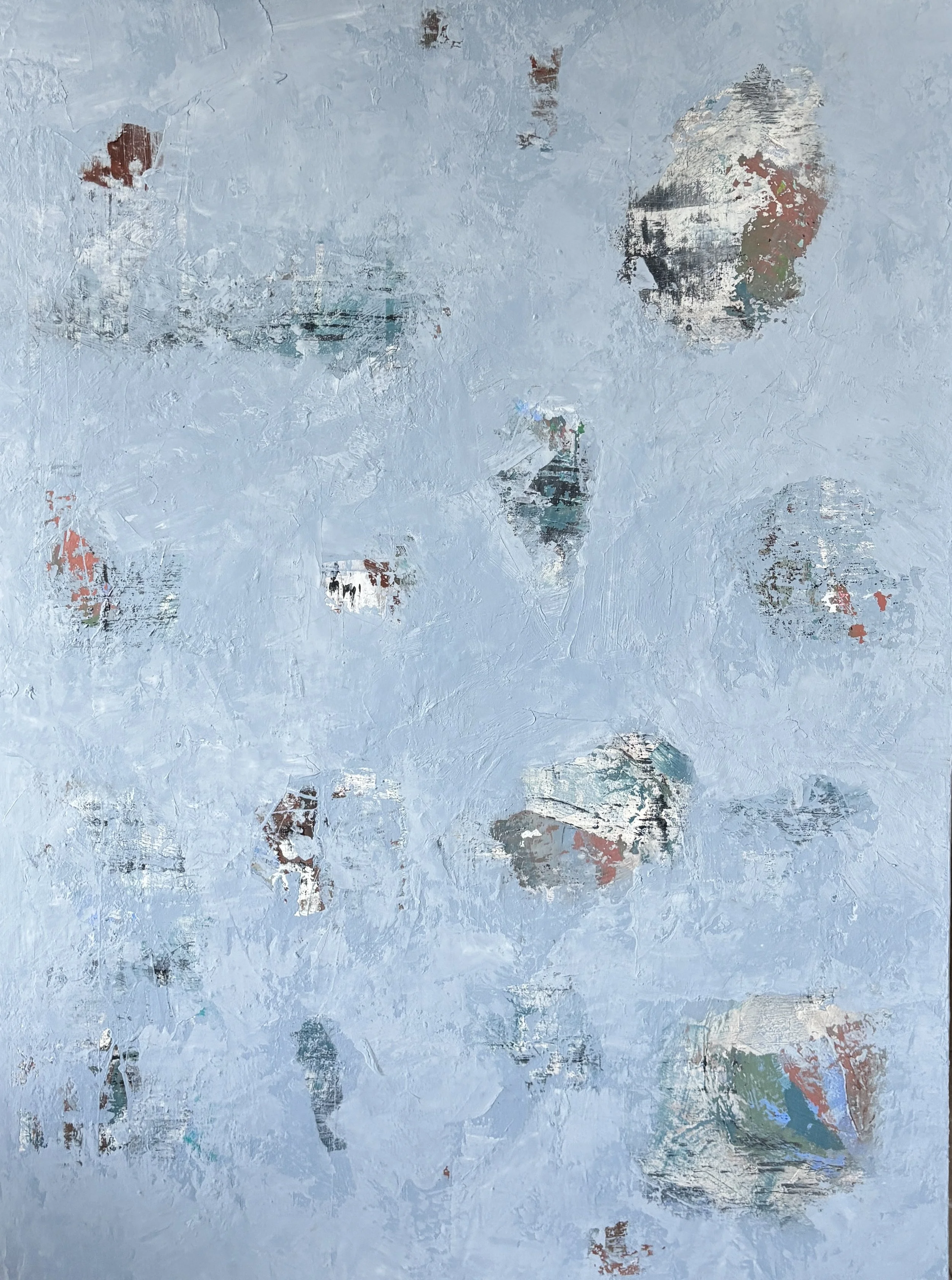 Medium neutral pale blue textured abstract painting with organic shapes for family room or entry way by Texas artist Brittsy