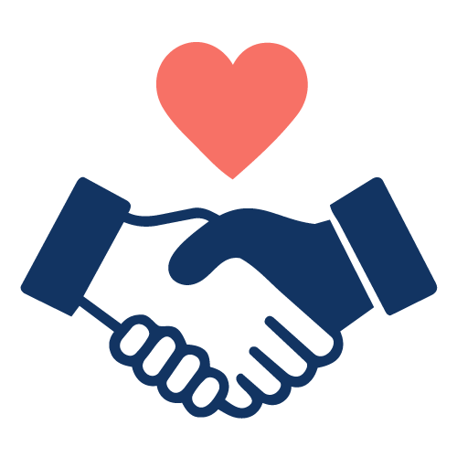 Two shaking hands, one blue solid and one blue outline with a pink heart above
