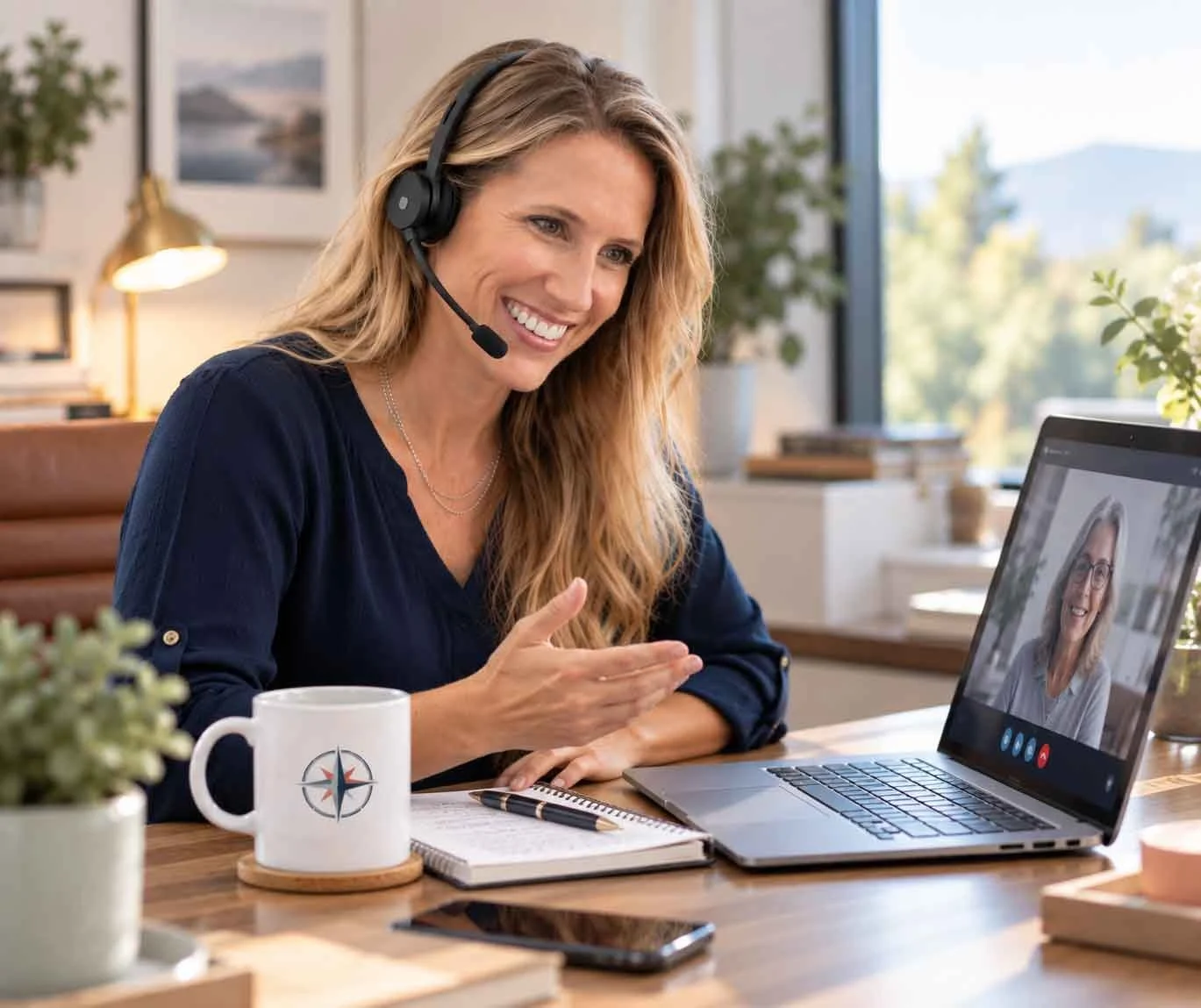 An image of Kristy, a family caregiver support program advocate and registered nurse in a navy scrubs and sage sweater with a smile on her face speaking with Compass member online