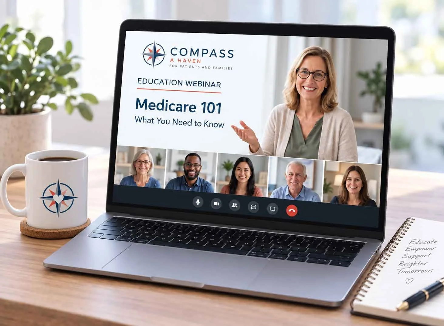 a medicare 101 webinar on a laptop for the A Haven Family Caregiver Support Program with a white mug and compass logo on it