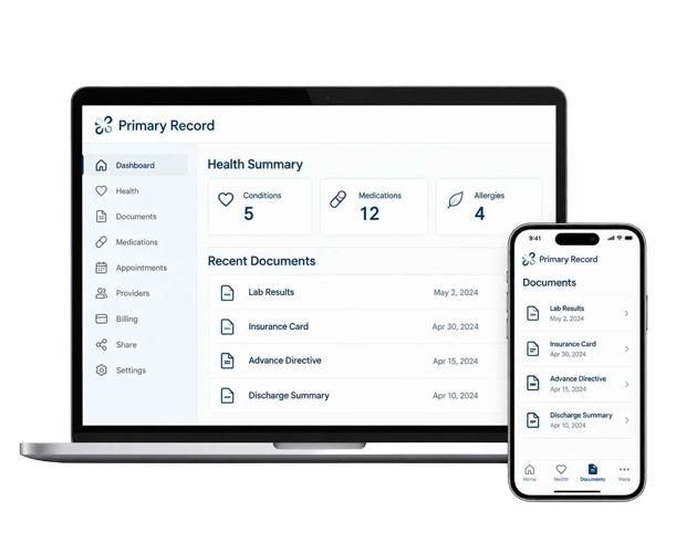 The primary record dashboard on a laptop computer with the mobile version on a phone next to it.