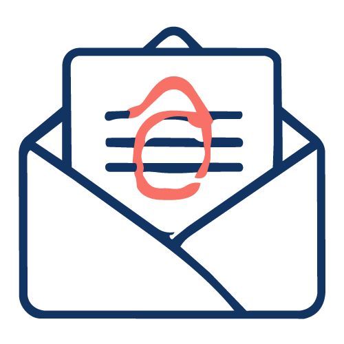 The outline of a blue envelope with a piece of paper sticking out and a pink squiggle mark