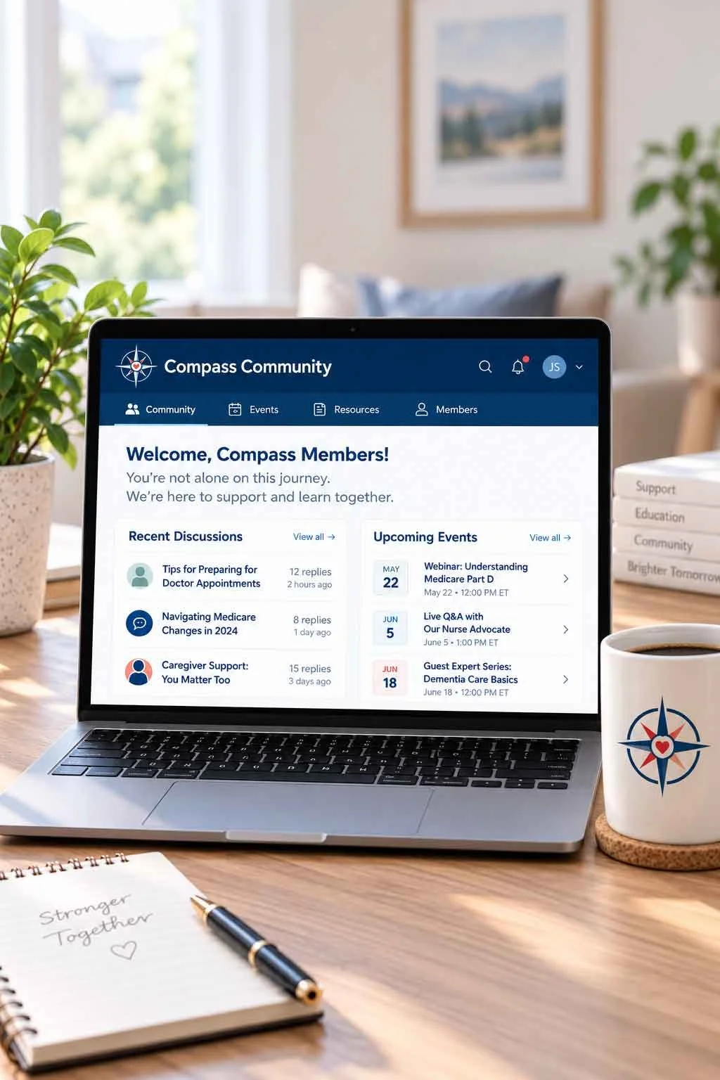 laptop on a wood surface with a compass community dashboard for the A Haven Family Caregiver Support Program