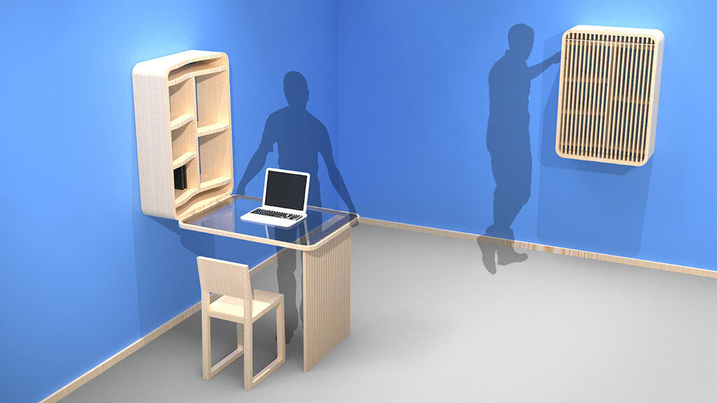 Place hand on either of the filleted surfaces and pull down the desk feature. Followed by pulling out the legs to ensure the table remains upright.