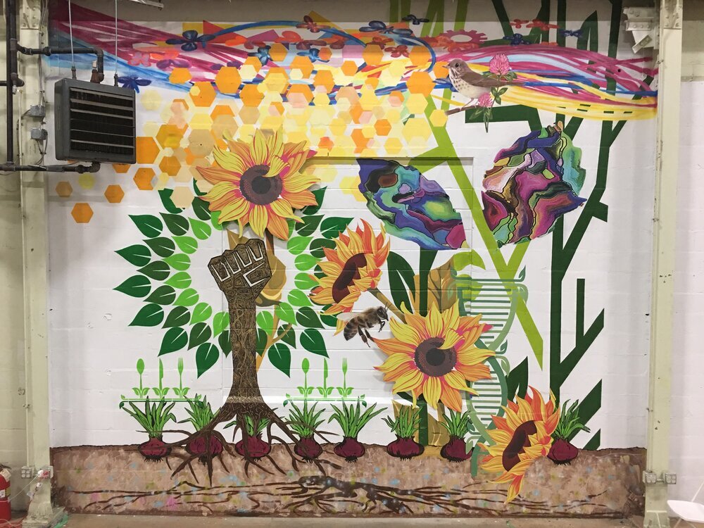 “Collaboration,” is a collaboration of design and painting by Stacy Harshman and Garrison Buxton Harshman, 2019, Vermont Farmers Food Center (inside). (Copy)