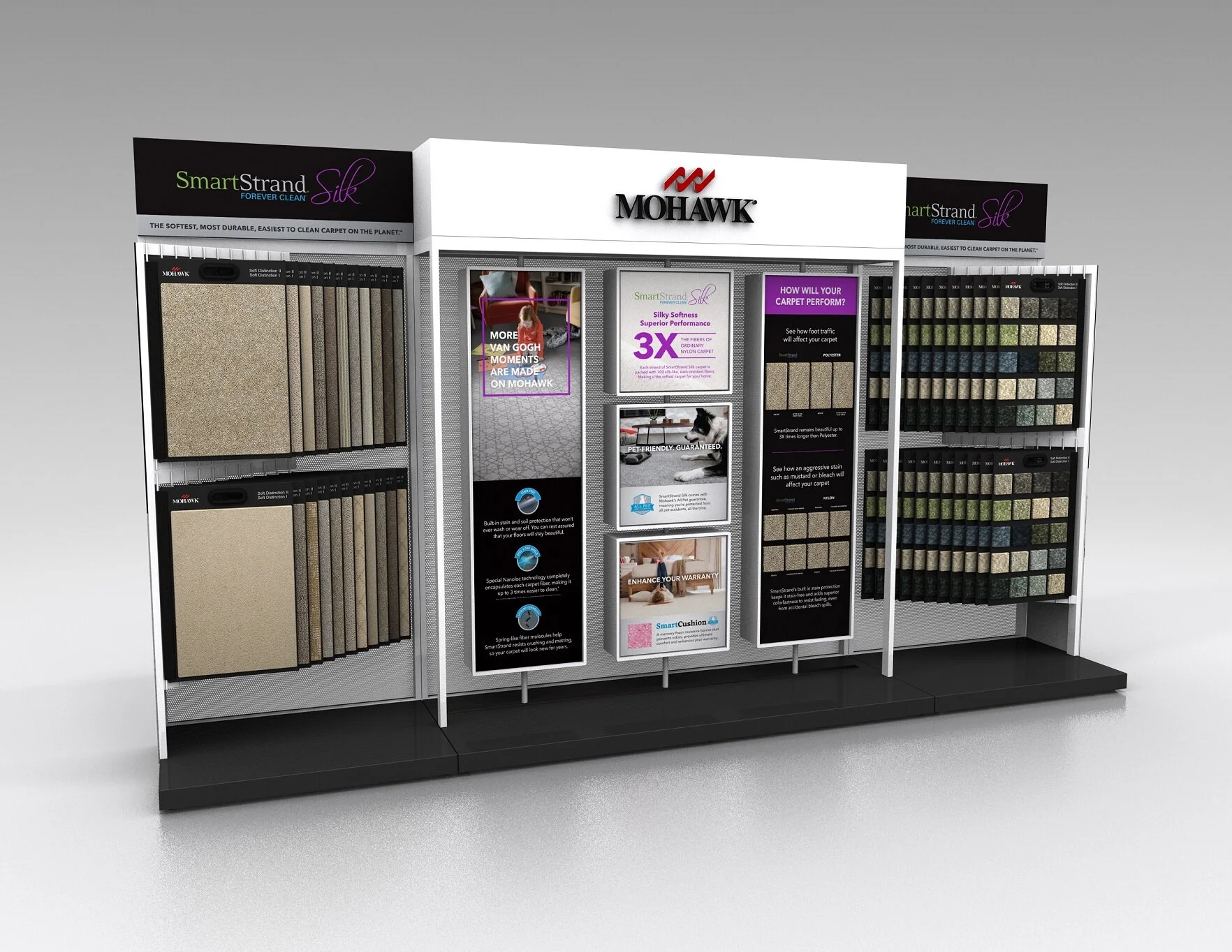 Carpet Display with illuminated revolve graphic boxes. Design management from concept sketches, low res mock ups, technical drawings to product launch.