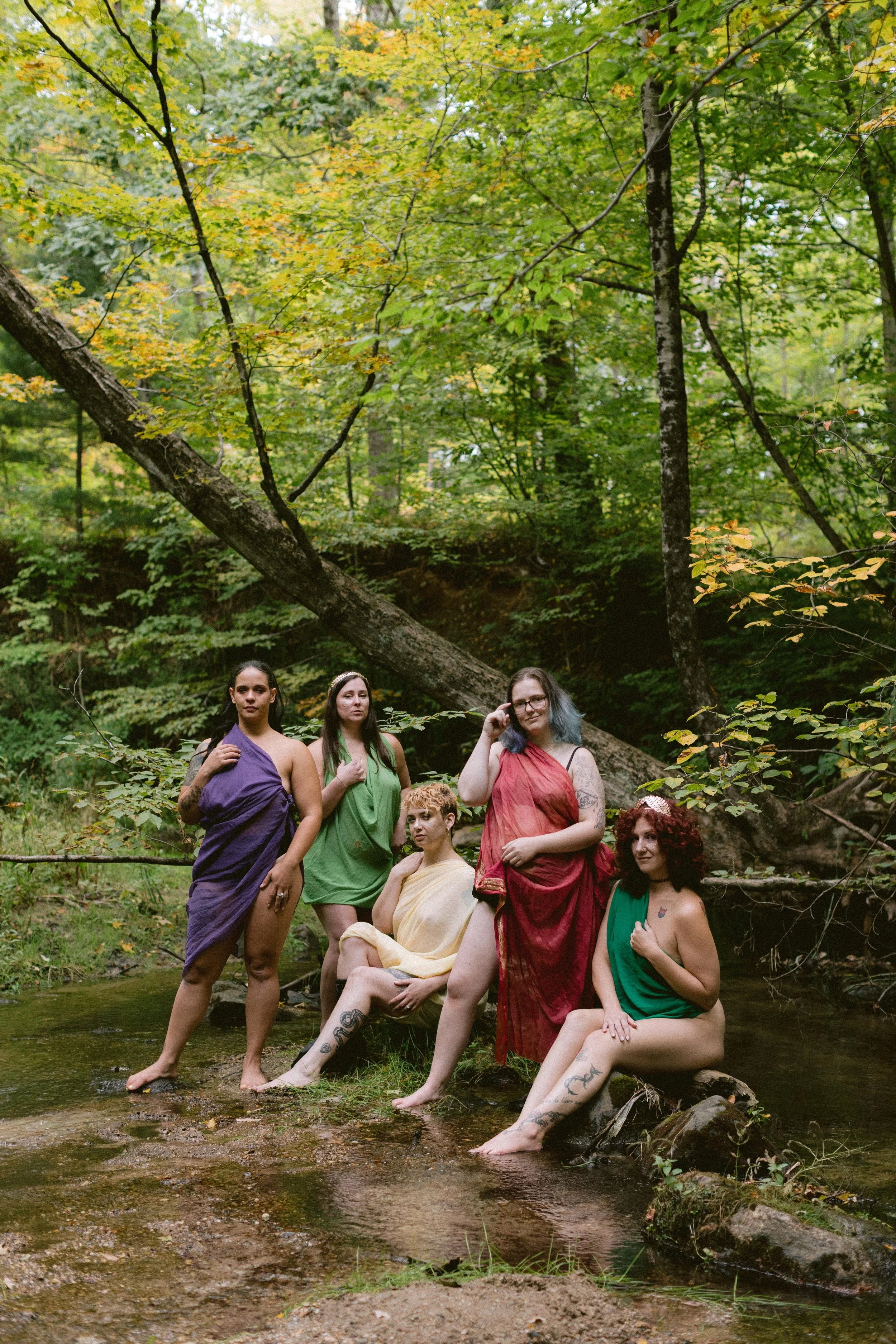 Group of seven women, dressed in colorful sheer fabrics resembling toga-style clothing, in a forested stream area with dense green trees and fallen logs.