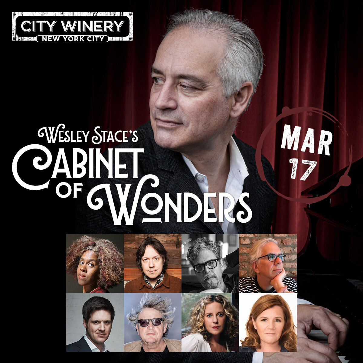 THIS SUNDAY (3/17): a special St. Paddy's day Cabinet Of Wonders at @citywinerynyc with @wesleystace, Gary Louris, Amy Helm, Michael James Esper, Dave Hill, Ira Robbins, Paul Muldoon, Errollyn Wallen &amp; Mare Winningham.

According to Wes: 
&quot;I