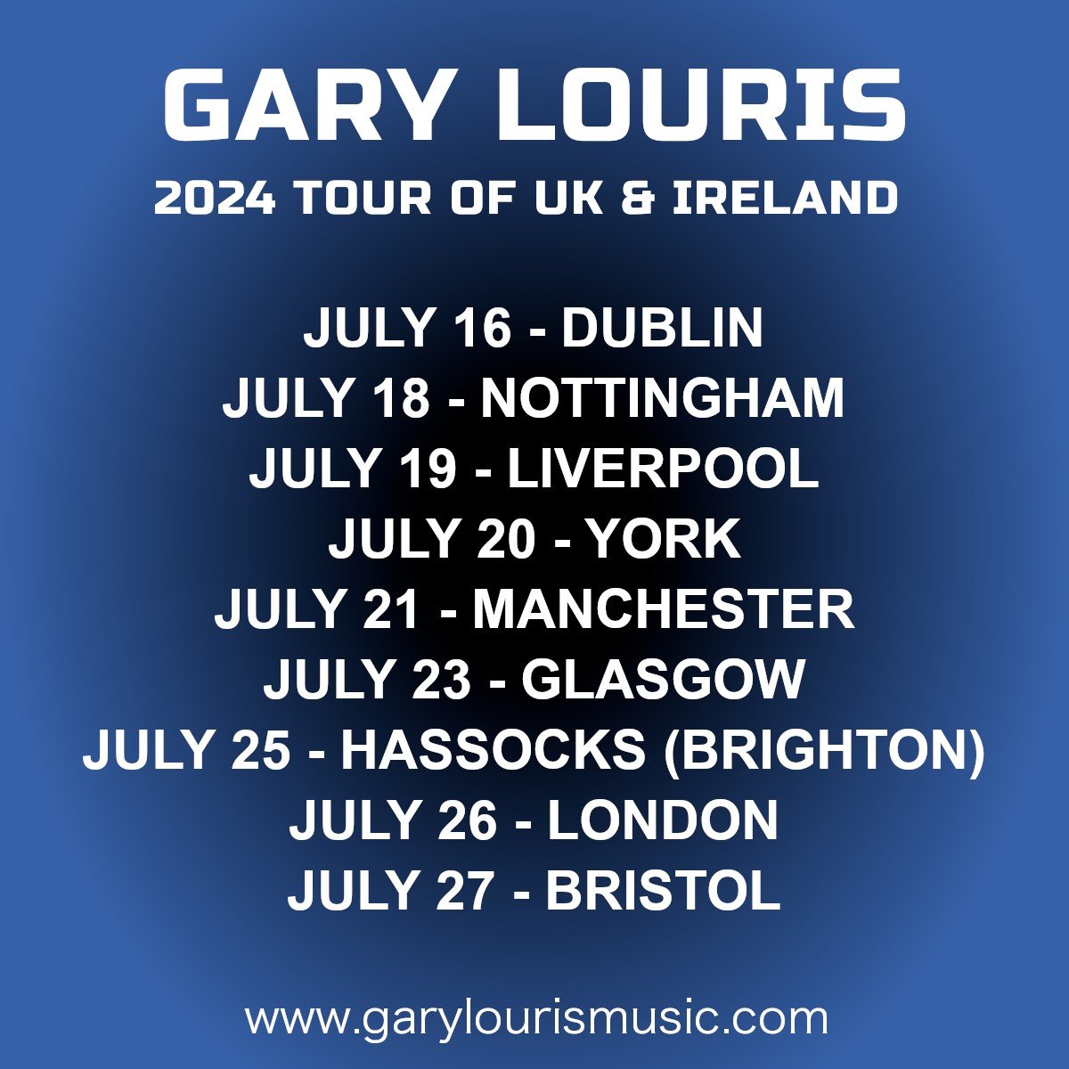 LAST MINUTE TOUR ADDITION

A Liverpool date on July 19 has just been added to the upcoming Gary Louris solo tour of the UK and Ireland this summer. 
 
JULY 16 - Dublin, Ireland - Whelan&rsquo;s
JULY 18 - Nottingham, England - Bodega 
JULY 19 - Liverp