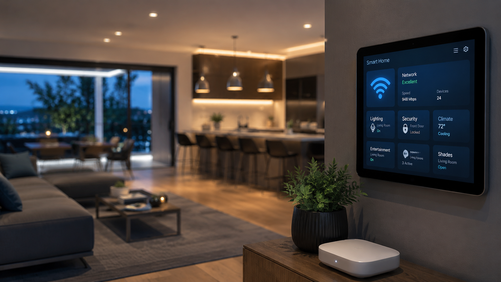 Living room with smart home control panel on wall, coffee table, sofa, and open kitchen with bar stools, illuminated by ceiling and pendant lights at dusk.