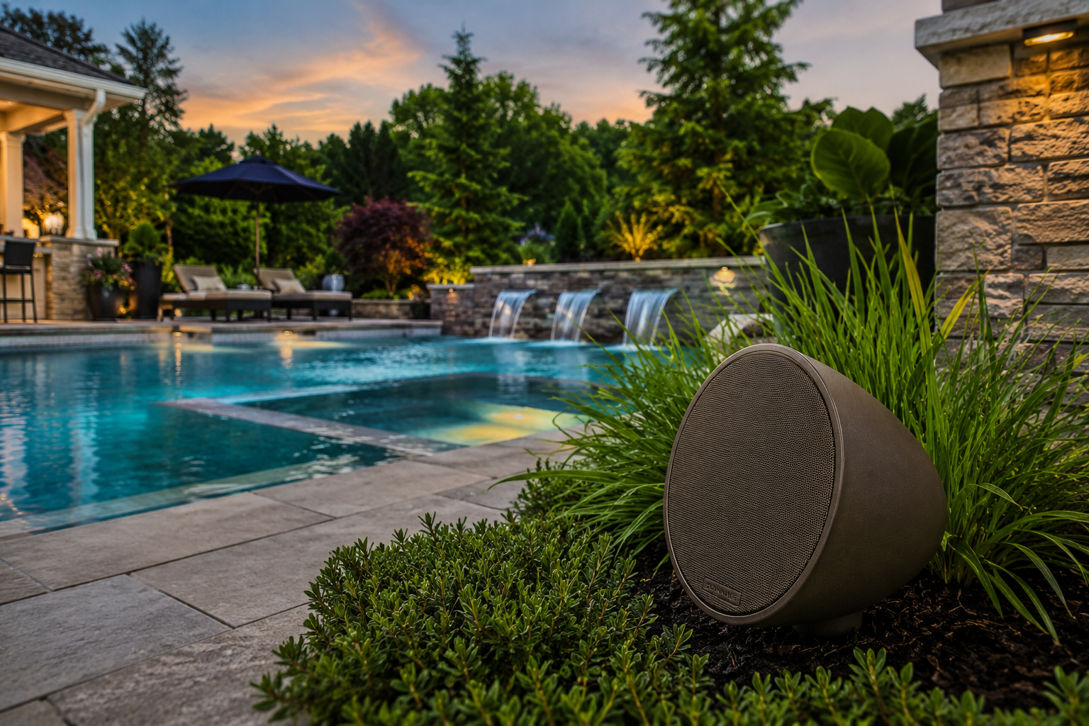 Premium outdoor audio system with weather-resistant speakers delivering immersive sound throughout an outdoor living space.