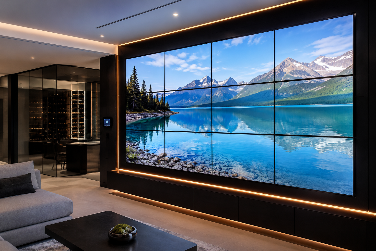 Modern living room with a large screen displaying a scenic mountain and lake landscape, gray sofa, black coffee table with plants, and a wine cellar in the background.