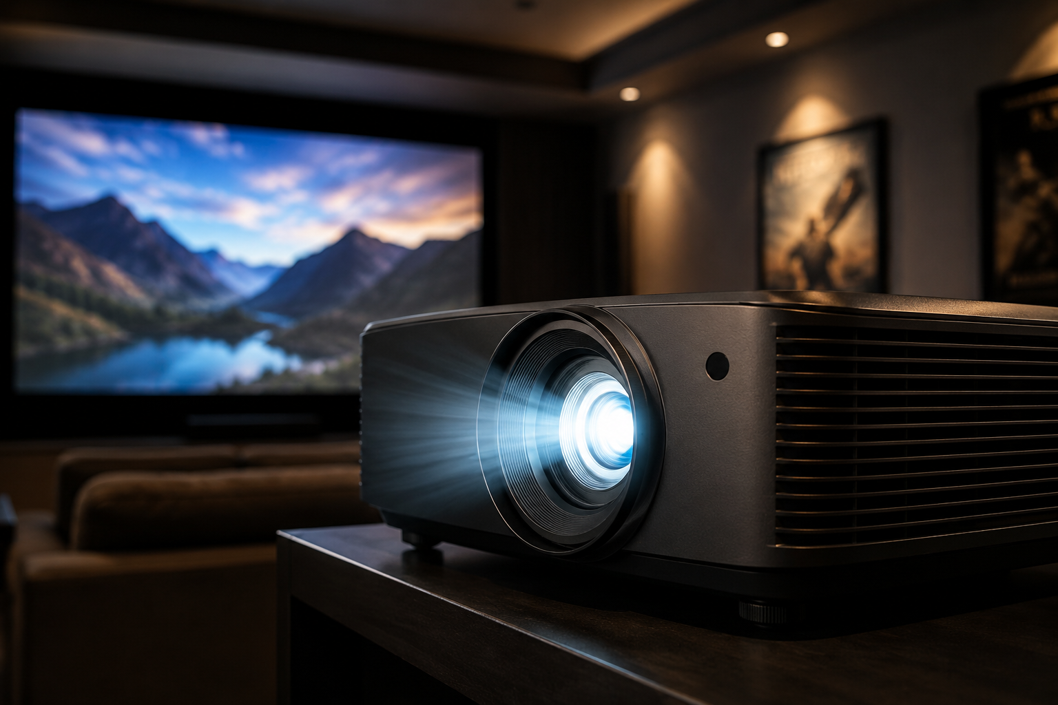 Close-up of a black projector emitting a bright light, placed on a table in a room with a large TV screen displaying a mountain landscape and artwork on the walls.
