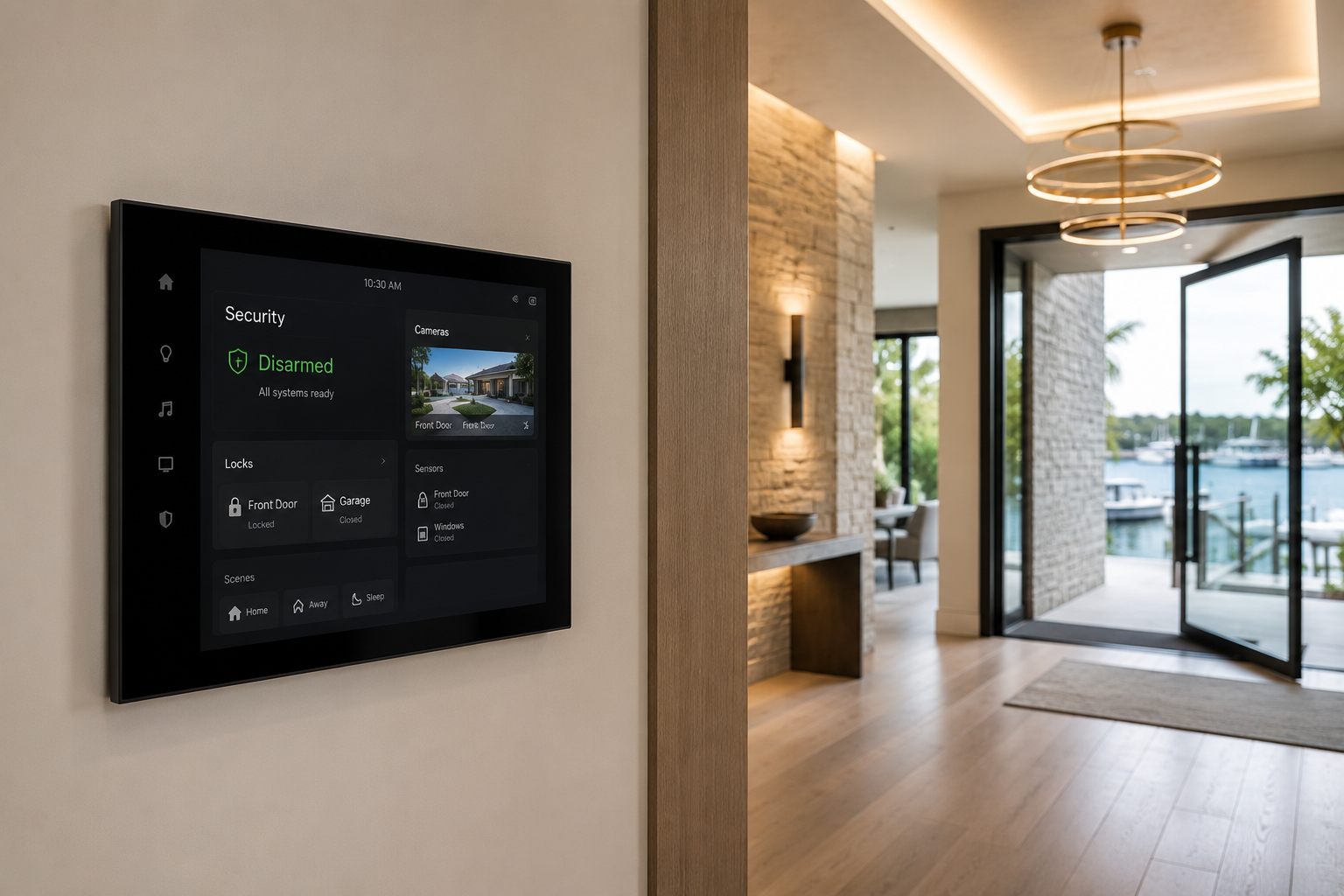 Smart home security keypad installed on an interior wall for access control, alarm monitoring, and home security.
