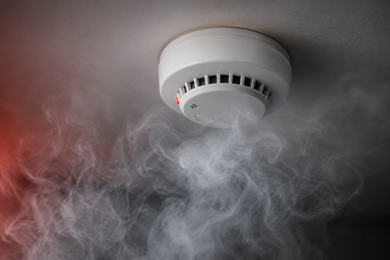 Smart smoke detector with visible smoke in a home, enhancing fire safety and life safety monitoring.