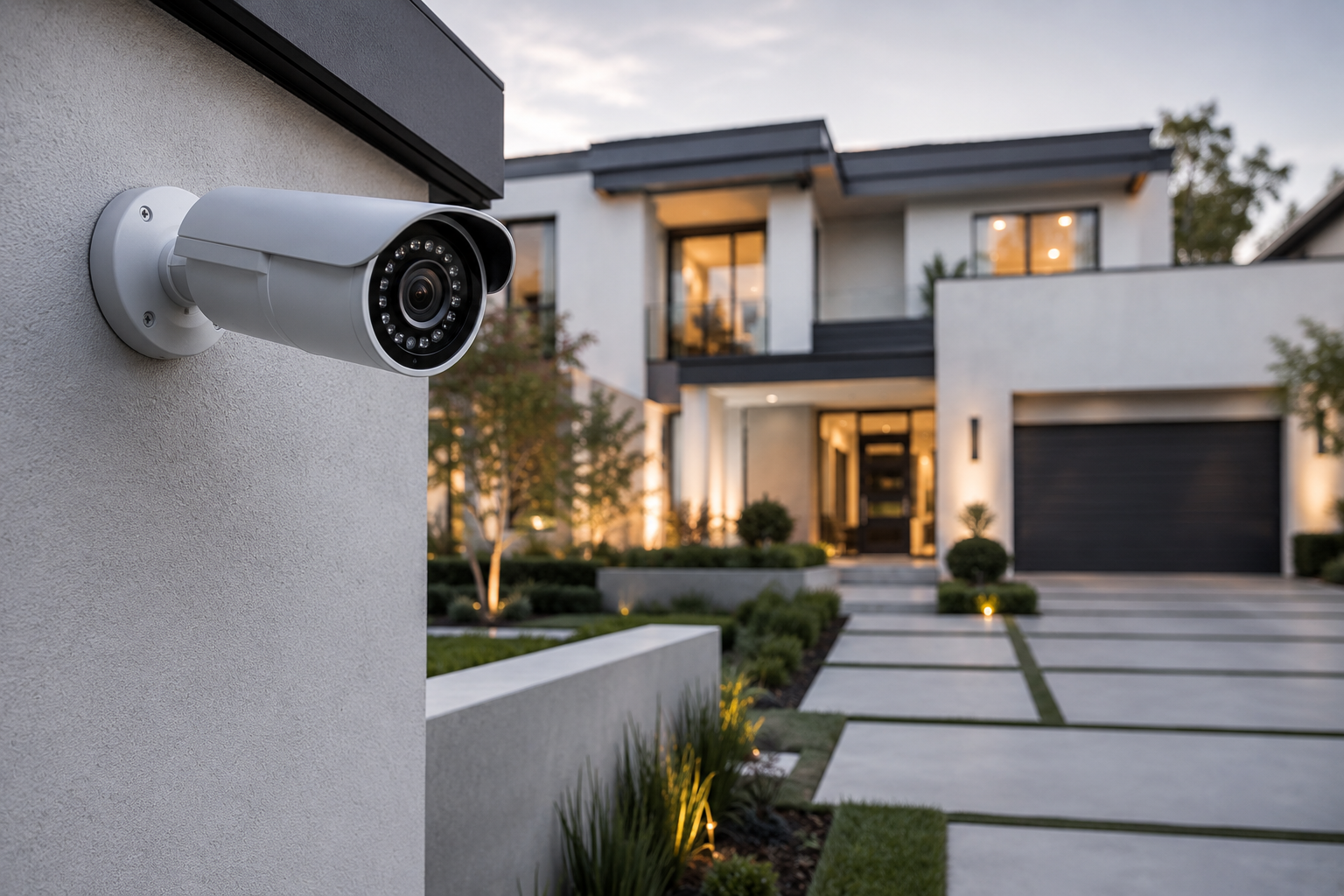 Smart home security camera installed on the exterior of a residential property for monitoring and surveillance.