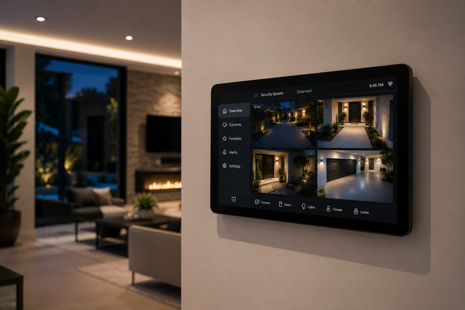 Smart home security control panel mounted on wall, displaying exterior security camera views at night.