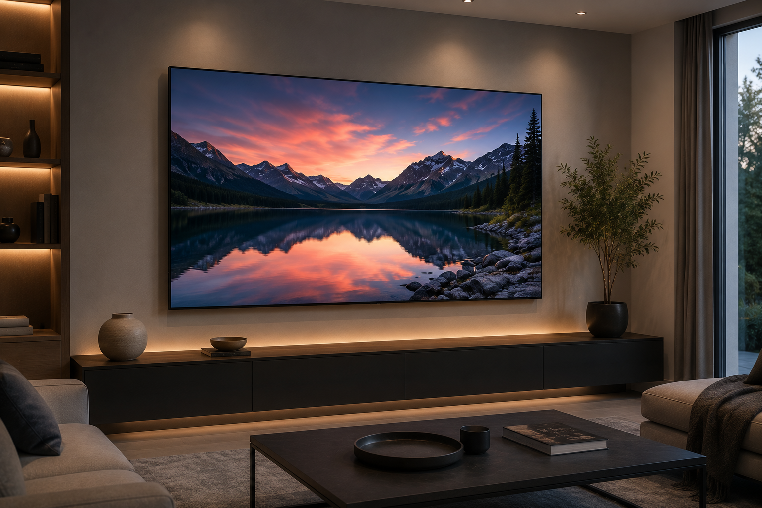 Living room with a large wall-mounted TV displaying a mountain lake sunset, beige sofas, a dark coffee table with a black tray, a bookshelf with decorative items, a potted plant, and sliding glass door with curtains.