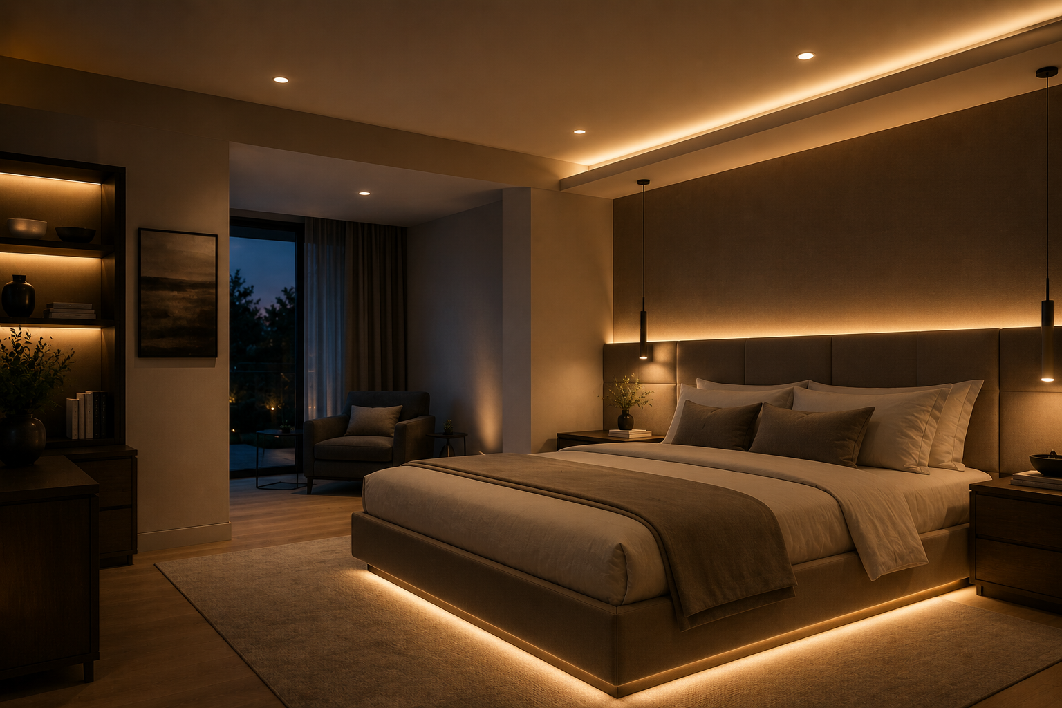 Smart bedroom lighting system with automated controls and adjustable illumination for comfort, convenience, and energy efficiency.