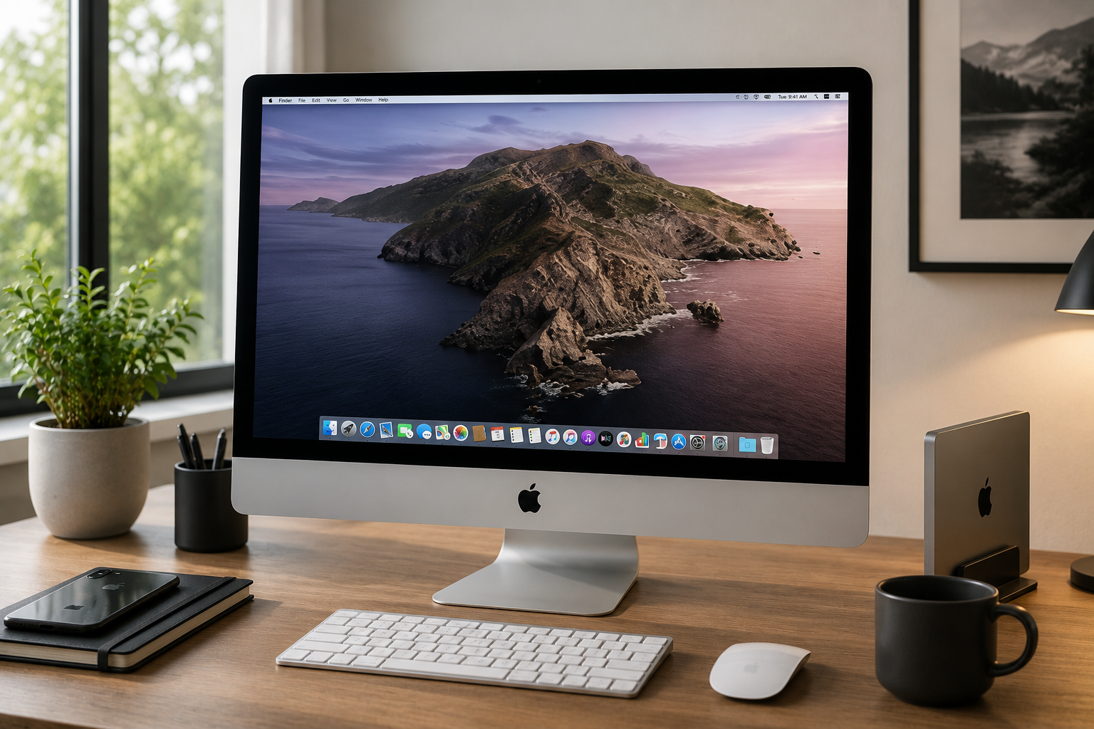 An Apple iMac computer on a wooden desk, displaying a mountain landscape wallpaper, with a white keyboard, mouse, black coffee mug, small notebook with a pen, a black phone, and a smaller monitor or stand to the right. In the background, a window with greenery and framed artwork are visible.