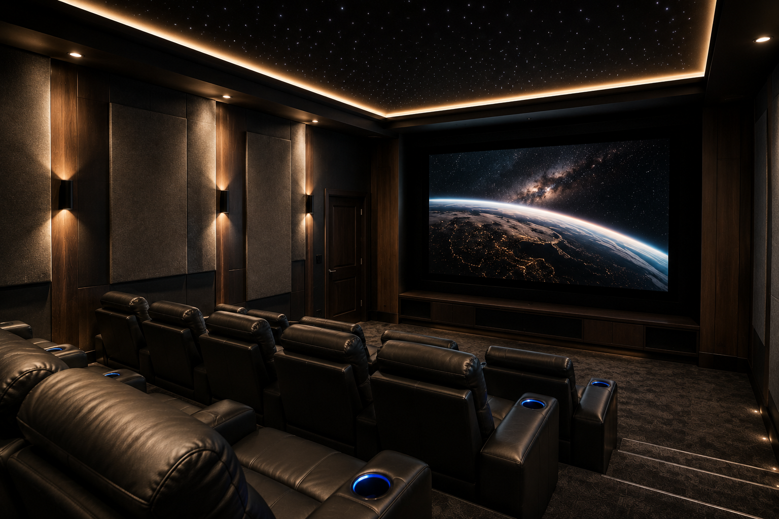 Custom home theater featuring a high-definition screen, premium surround sound, and smart lighting control for enhanced entertainment.
