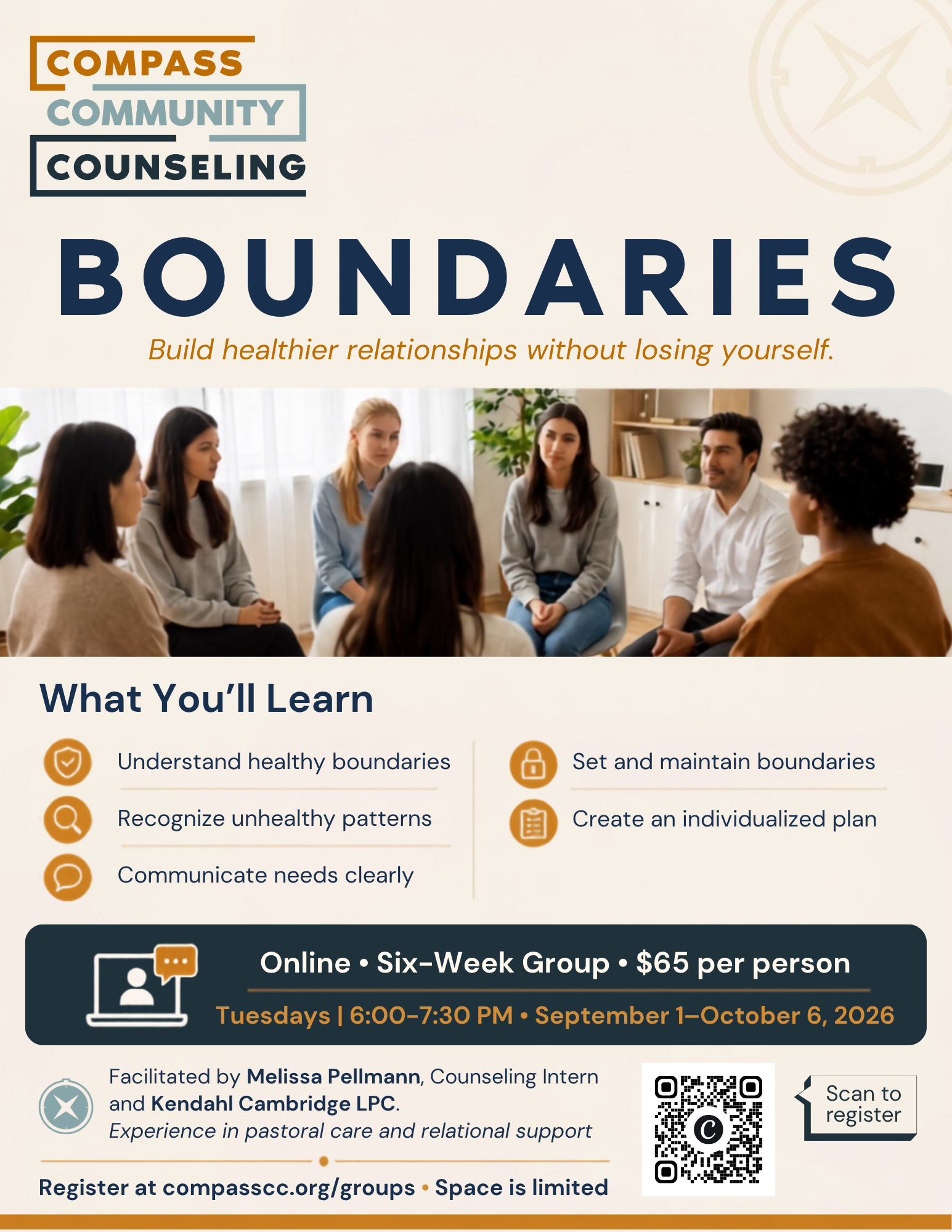 Poster for an online Boundaries counseling group. Do you struggle with saying “no,” setting healthy limits, or feeling guilty for putting your needs first? Healthy boundaries can lead to stronger relationships, greater confidence, and less stress. Th