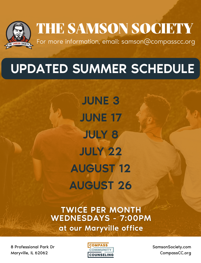 Flyer for The Samson Society, a support group for Christian men, with meeting details and contact information, over an outdoor photo of a group of people sitting on a hill.