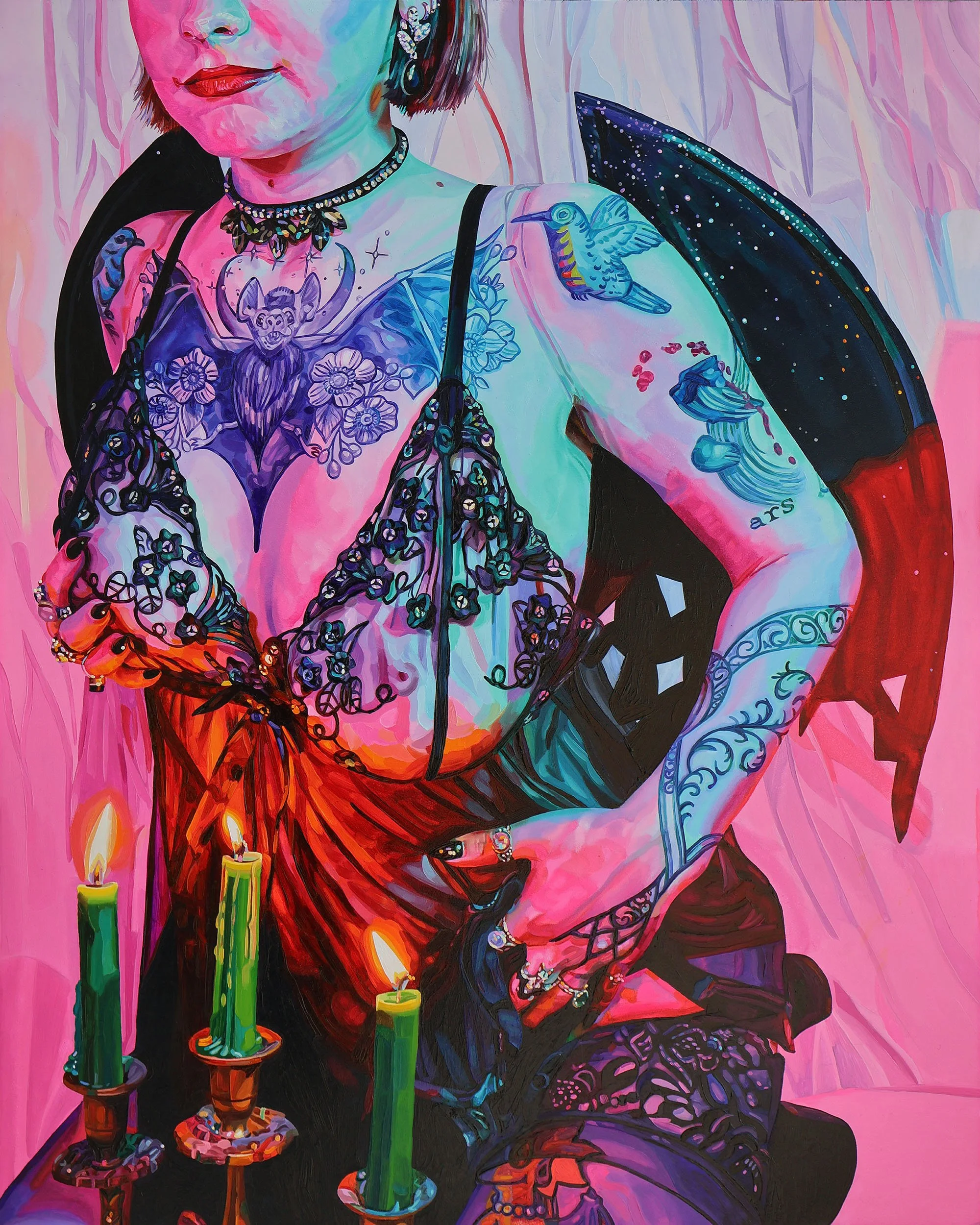 "Hot Nights, Dark Spells" Oil on Panel 24" × 30" × 2" 2026