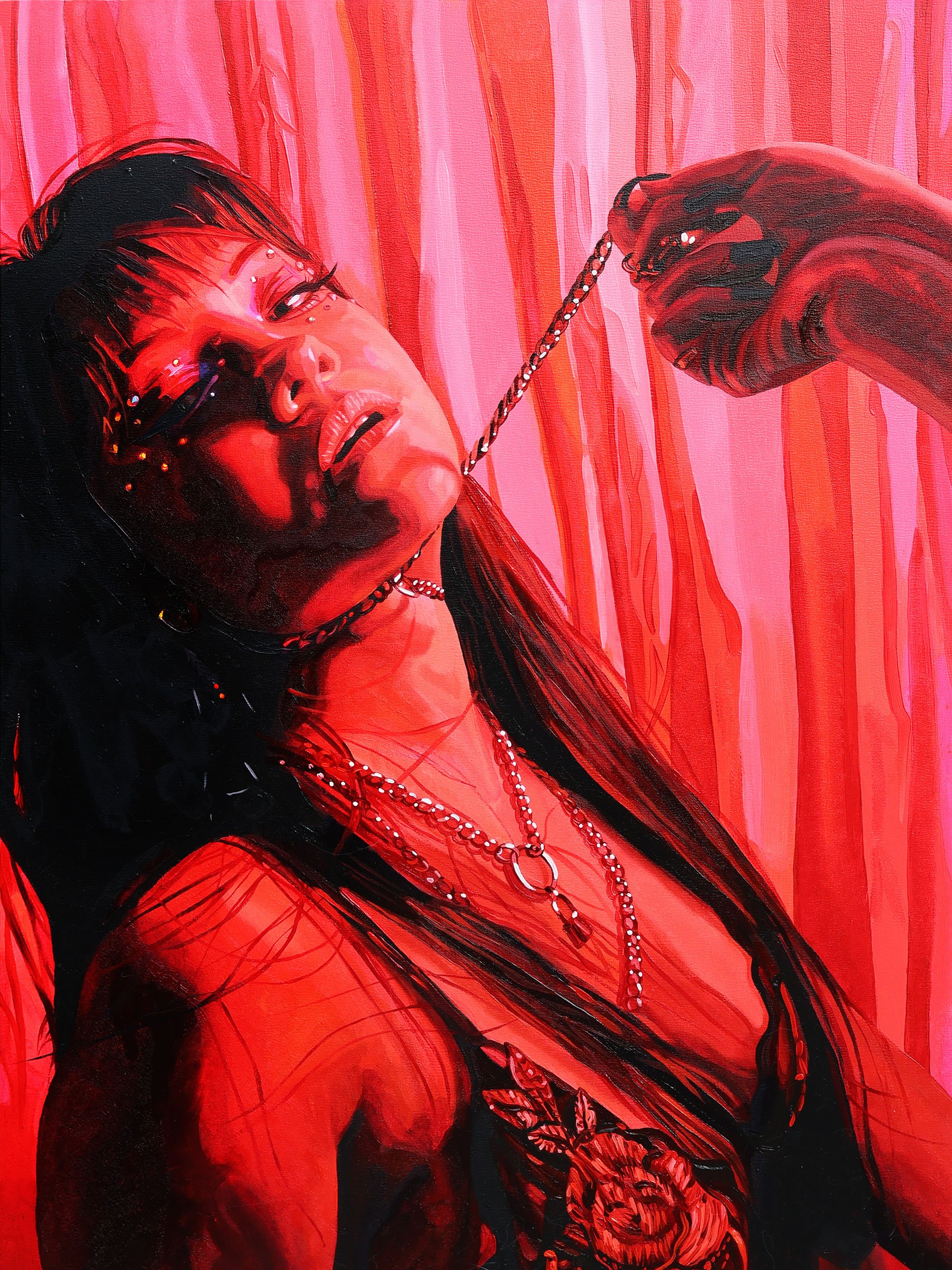 "Red Leashes & Lashes" Oil on Panel 18" × 24" × 1.5" in 2026