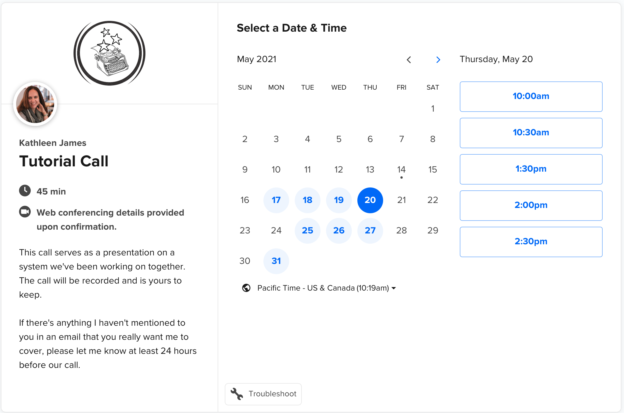 My Calendly booking page for tutorial calls to show my clients how to use a CRM system.