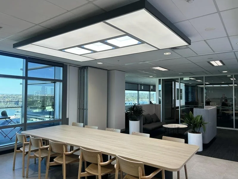 Modern office conference room with a long wooden table, multiple chairs, large windows, and indoor plants.