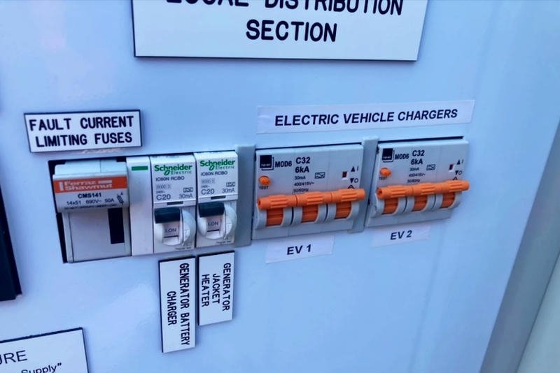 Electrical control panel with fuses and circuit breakers labeled for fault current limiting, electric vehicle chargers, and generator connections.