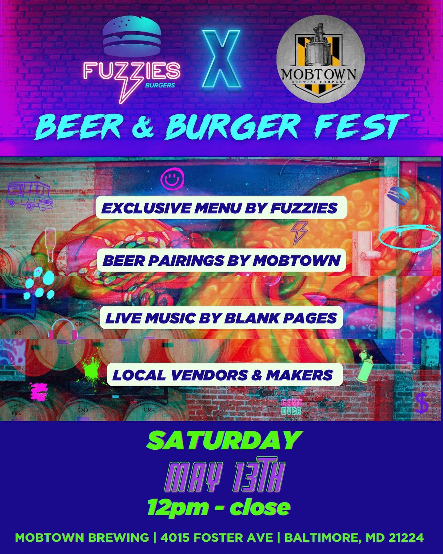 Beer & Burger Fest is BACK. 🙌 We’re shutting down the block this SATURDAY at @mobtownbrewing FUZZIES is rolling out a juicy special menu & Mobtown is pairing up the beers 🍻