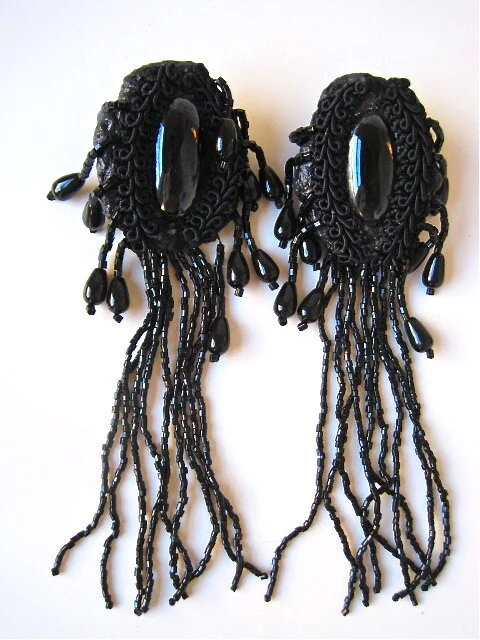 Black tie event beaded and woven earrings jewelry objet d’art from Pauletta Brooks vintage collection