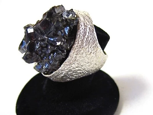 jewelry on instagram, large unisex black mineral and hammered silver contemporary ring