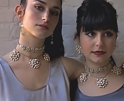 Two models wear White cluster beaded retro style choker for fashion jewelry photo shoot