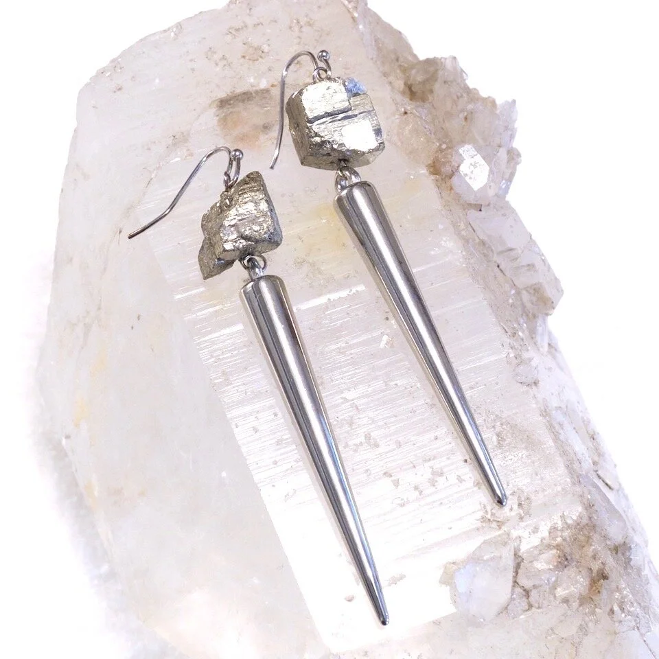 Pyrite chunky cube earrings with long spikes in silver and gold