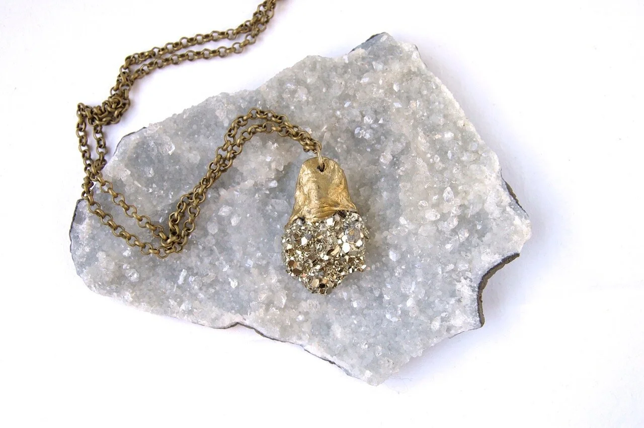 Pyrite pendant sculpted in gold resin, organic jewelry, healing jewelry