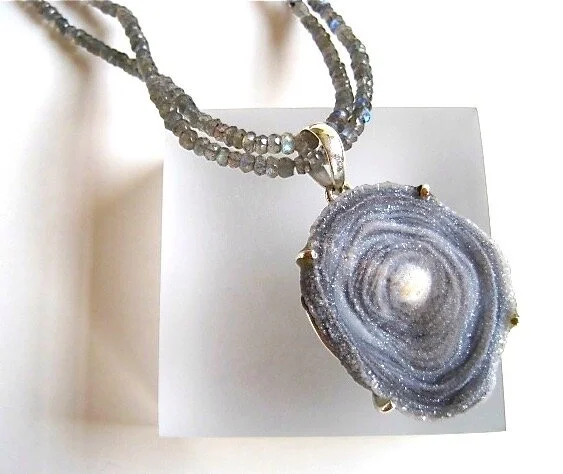 Desert Druzy Chalcedony pendant with Labradorite layered beads