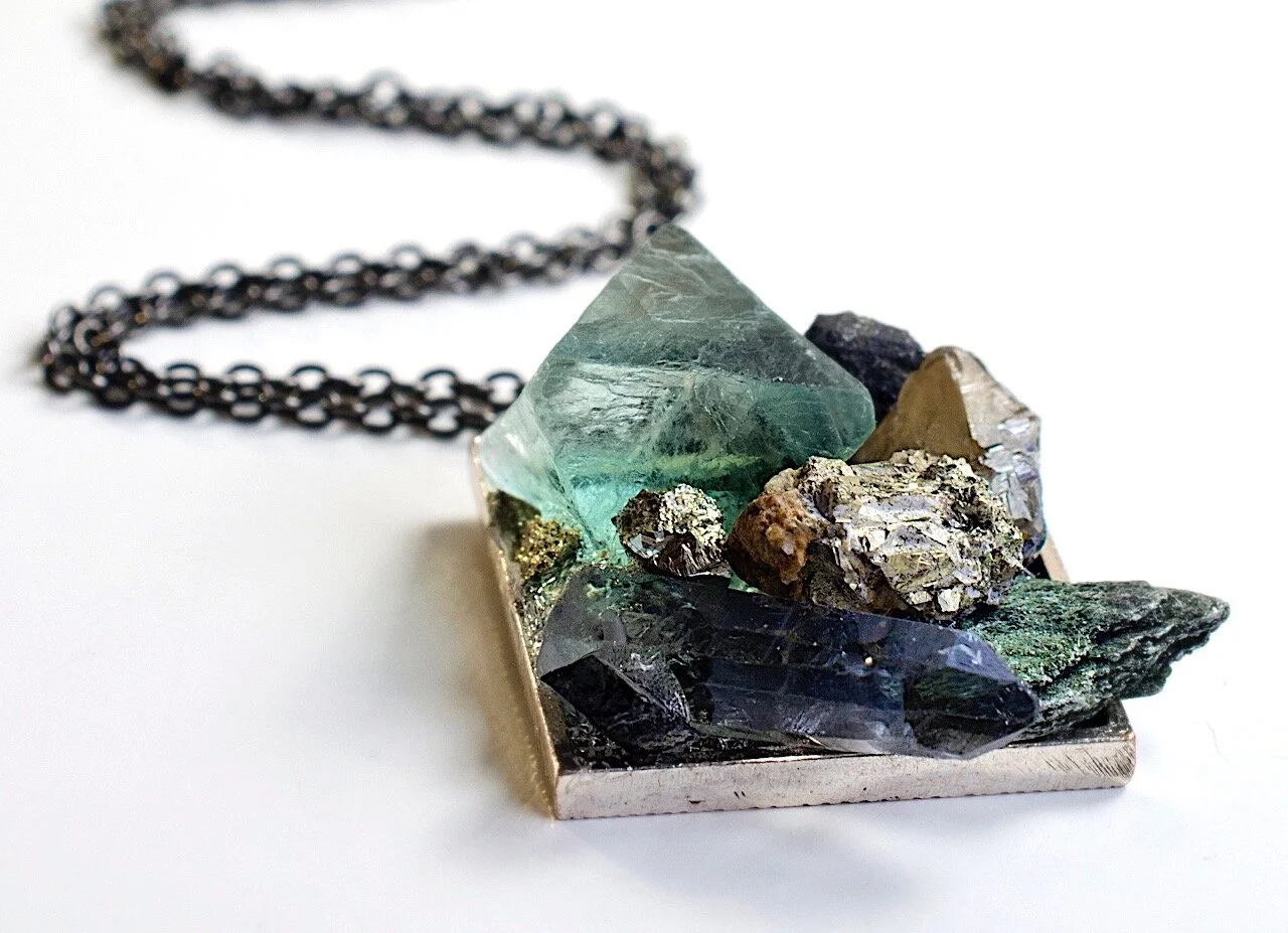 Octahedron Fluorite collage pendant with mixed raw minerals