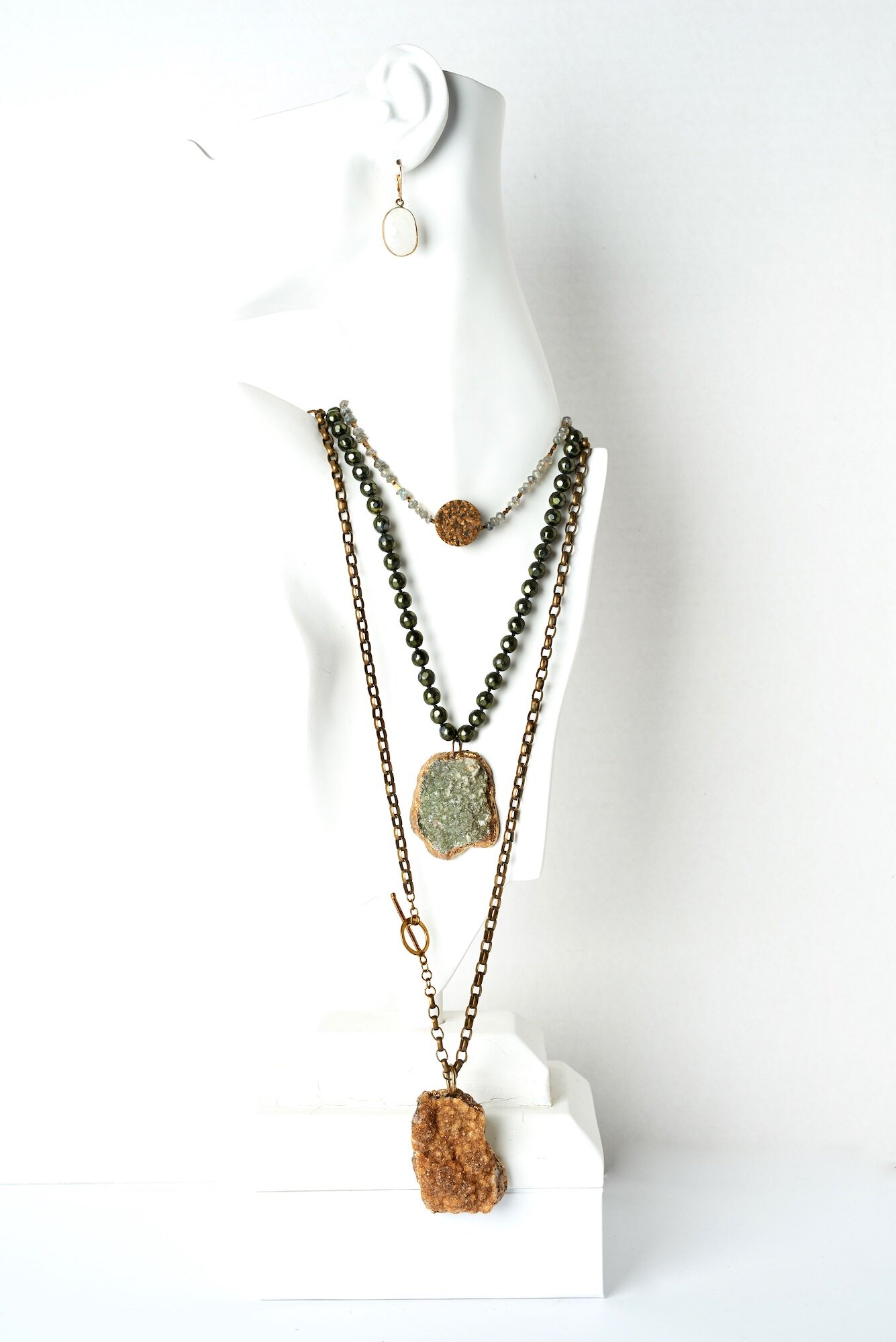 Gold Resin-wrapped Epidote Mineral on vintage beads with vintage floral and pearl clasp; 2” stone on 16” faceted grey/green glass beads.