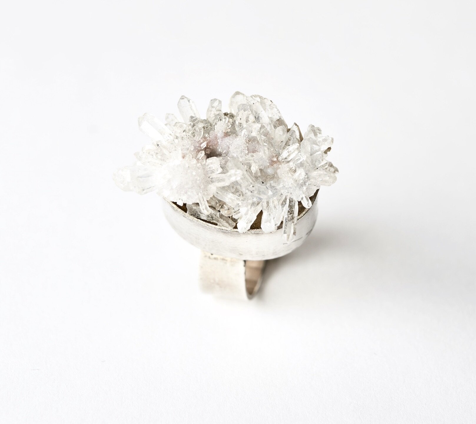 A ‘Needly’ Quartz Crystal Cluster set into a Sterling Silver Ring Base