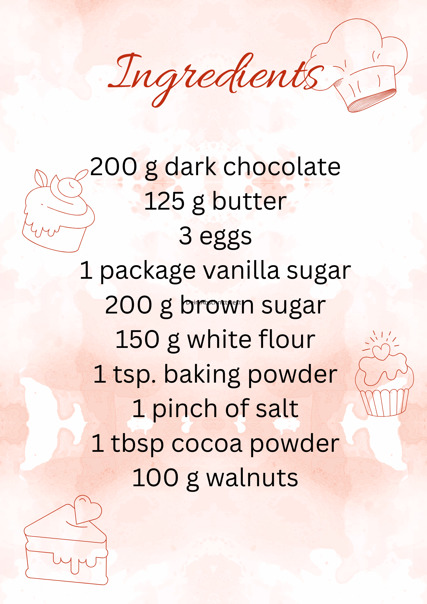 ingredients for brownies chocolate butter flour baking powder eggs vanilla sugar salt cocoa powder walnuts
