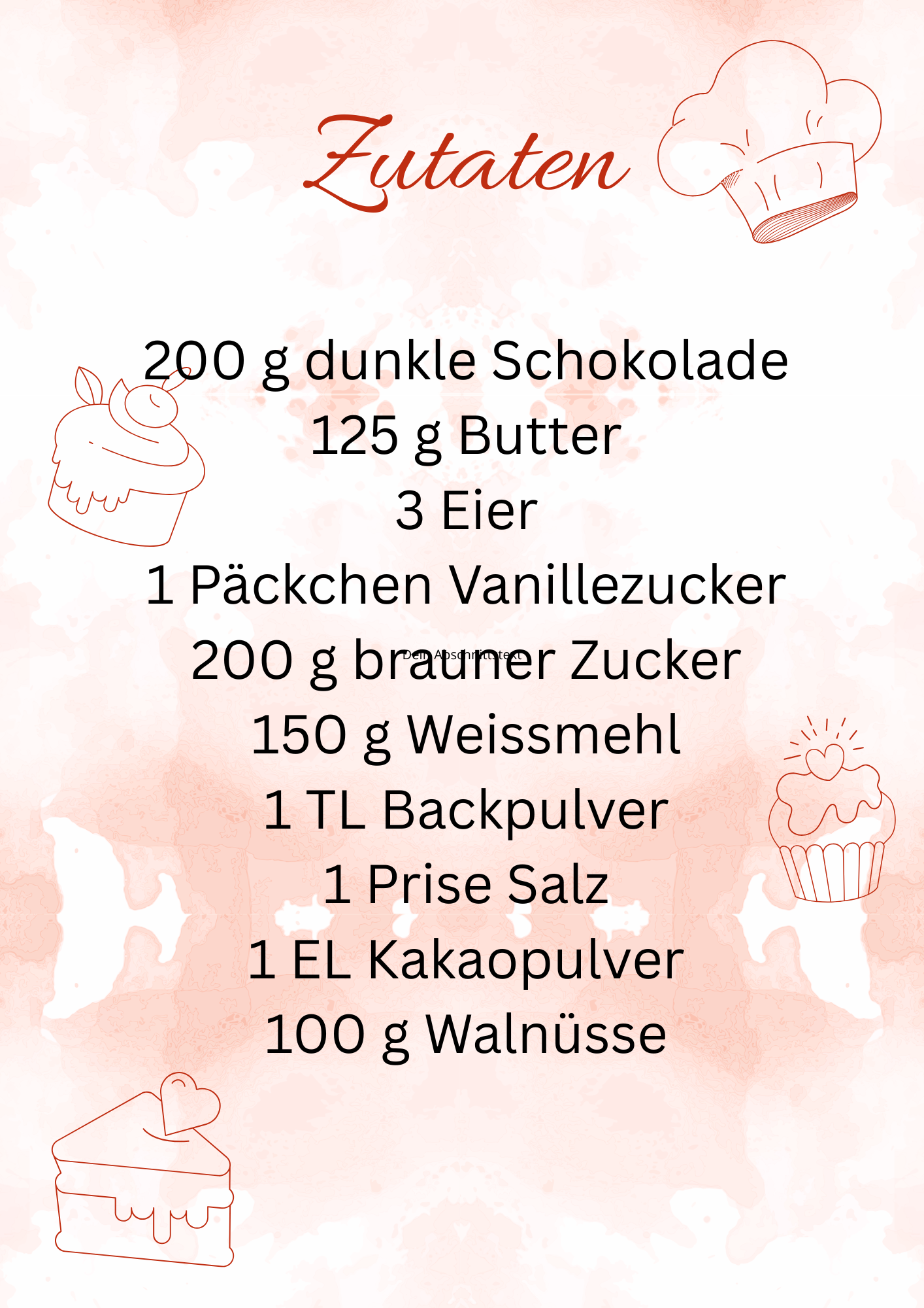 Zutaten für Brownies: Schokolade, Butter, Eier, brauner Zucker, Mehl, Kakaopulver, Backpulver, Vanillezucker, Walnüsse