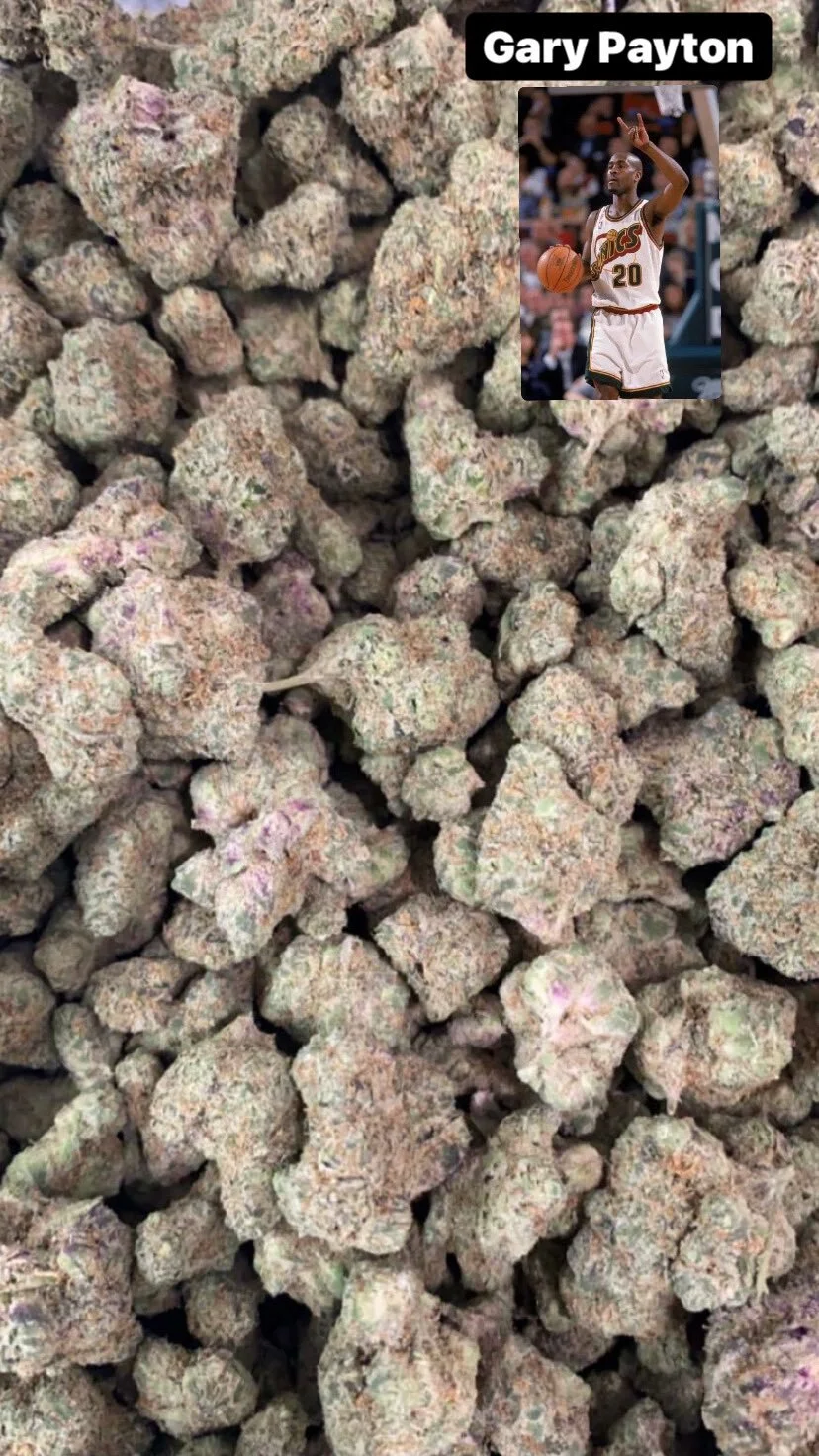 A close-up of marijuana buds with photo of basketball player Gary Payton who the strain was named after