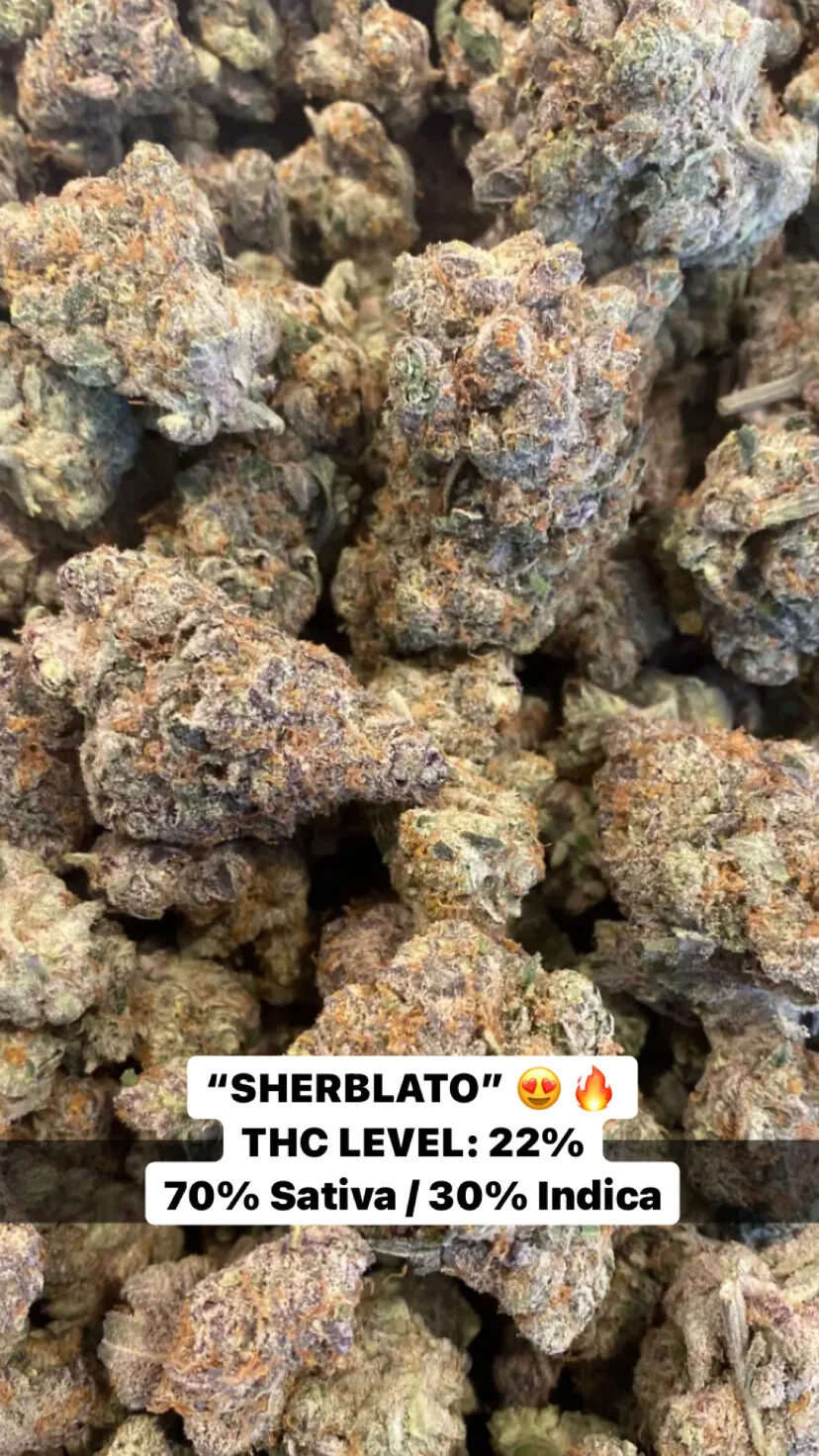 Close-up of cannabis buds labeled "Sherblato", with a THC level of 22% and a genetic composition of 70% Sativa and 30% Indica.
