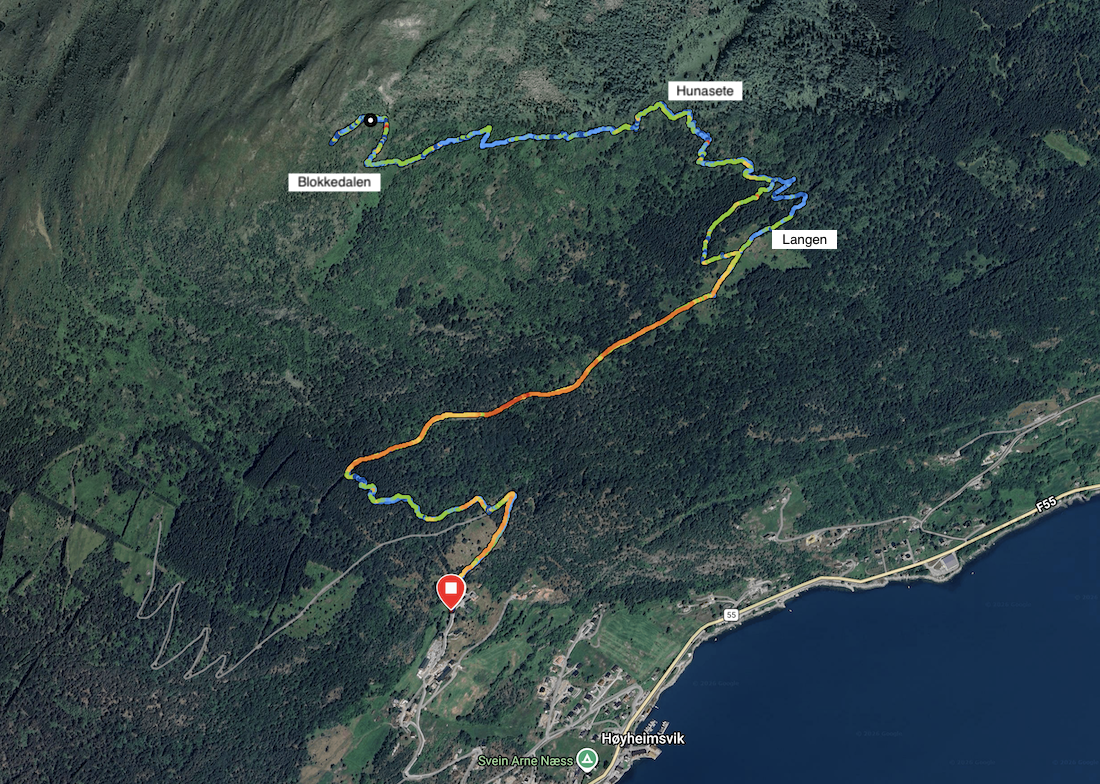 Kart fra Garmin med fjelltur til Langen_Hunasete og Blokkedalen